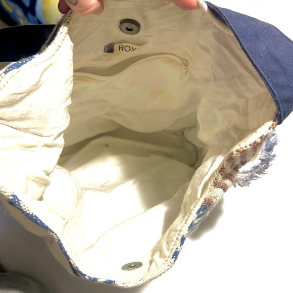 Roxy Boho Shoulder Bag Geometric Woven Hobo Tote Blue Tan Slouchy Canvas-AC133 - Picture 3 of 8